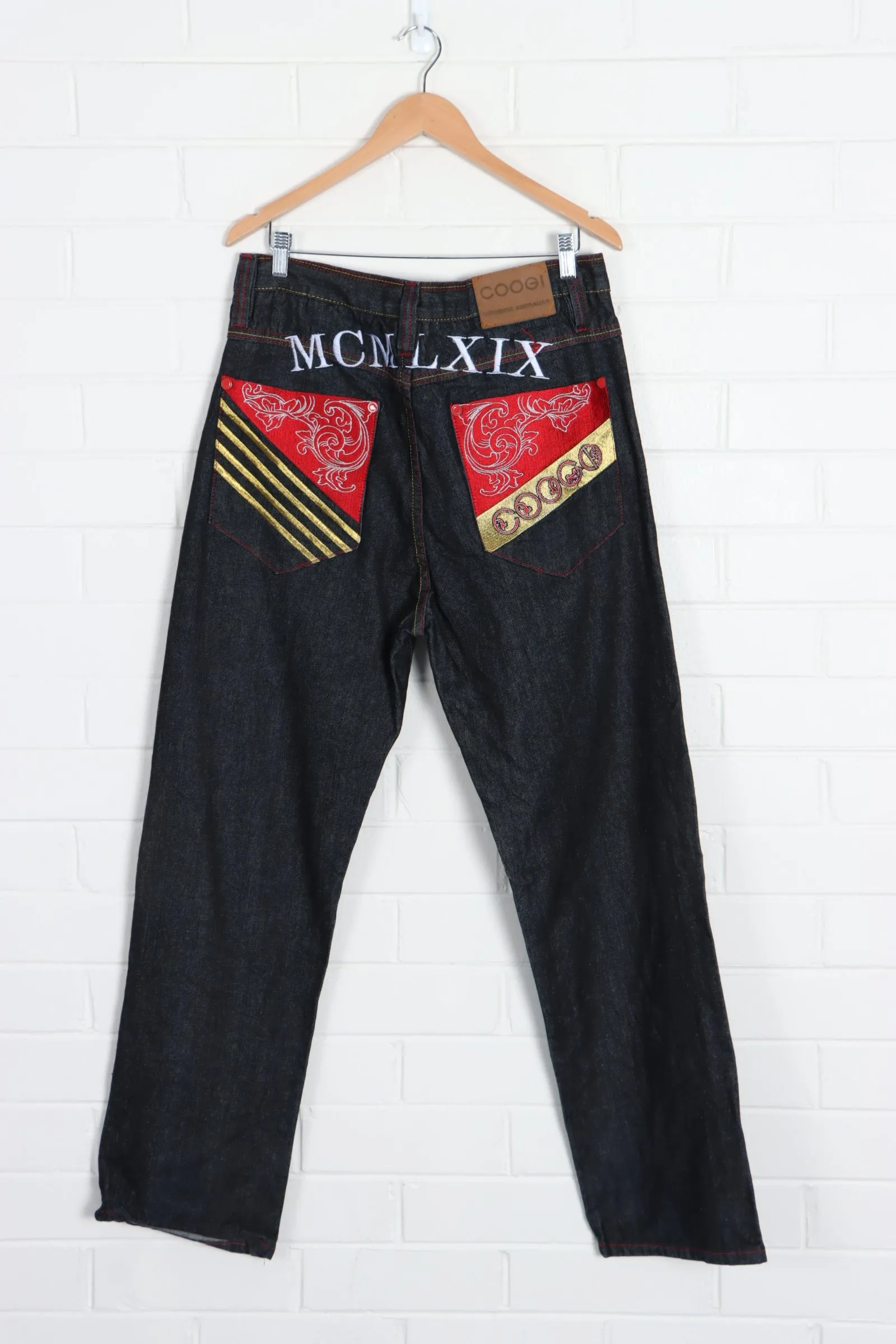 COOGI Gold and Red Embroidered Y2K Jeans (36 x 34)