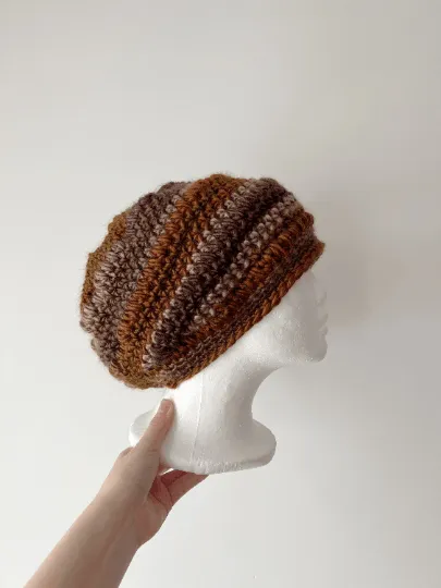 Crochet Brown Slouchy Beanie | Bobble Beret | Slouchy Hat in neutral earth tone colour| Knit beanie in brown mix | Knit winter hat