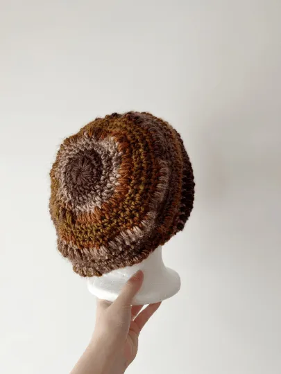 Crochet Brown Slouchy Beanie | Bobble Beret | Slouchy Hat in neutral earth tone colour| Knit beanie in brown mix | Knit winter hat