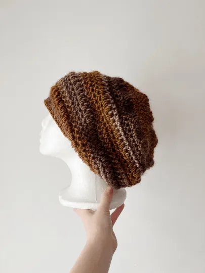 Crochet Brown Slouchy Beanie | Bobble Beret | Slouchy Hat in neutral earth tone colour| Knit beanie in brown mix | Knit winter hat