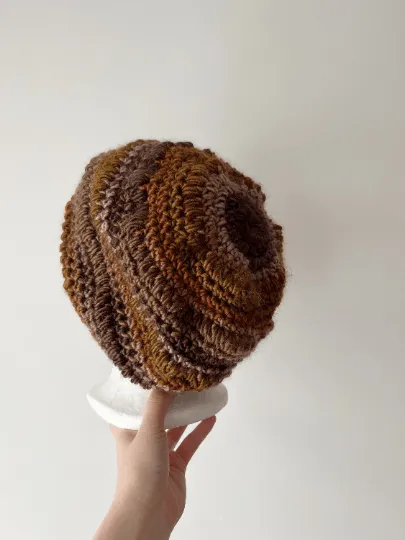 Crochet Brown Slouchy Beanie | Bobble Beret | Slouchy Hat in neutral earth tone colour| Knit beanie in brown mix | Knit winter hat