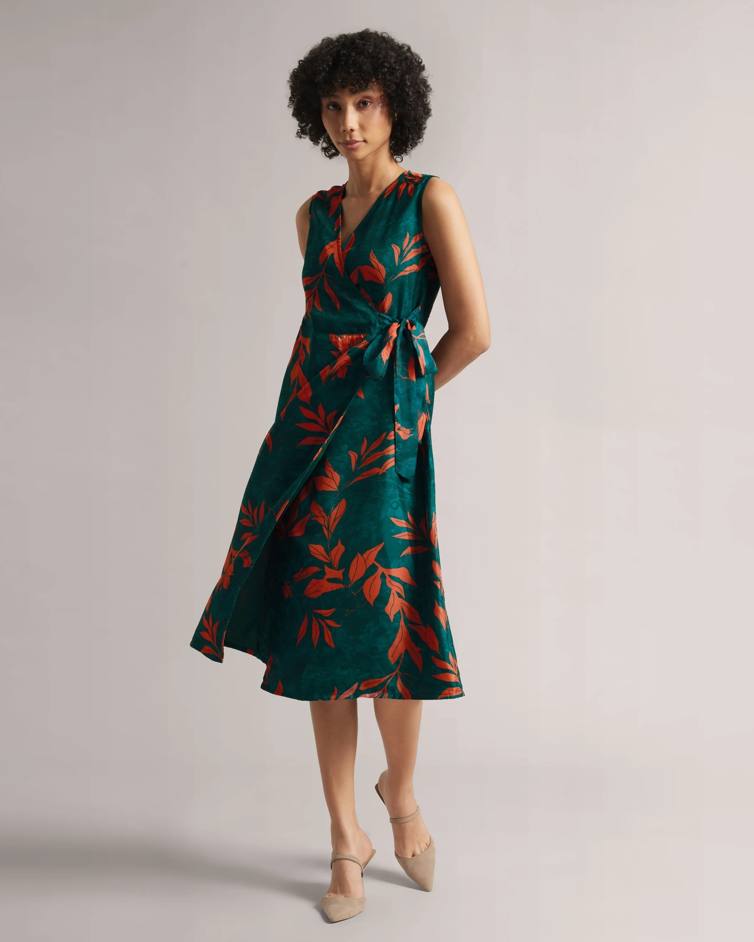 Dark Teal Floral Wrap Midi Dress