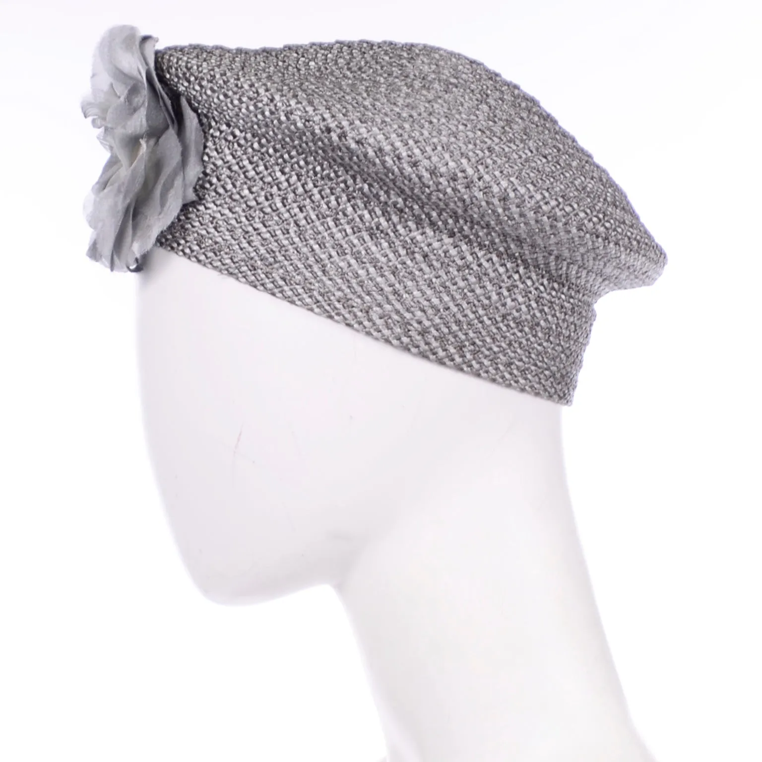 Debbie Rhodes Vintage Grey Woven Beret Style Hat With Flower