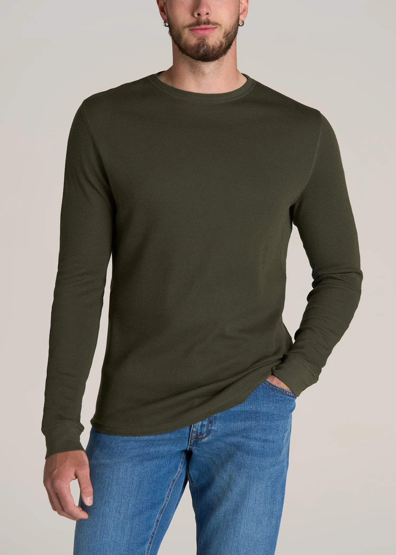 Double Honeycomb Thermal Crewneck for Tall Men in Dark Olive Green