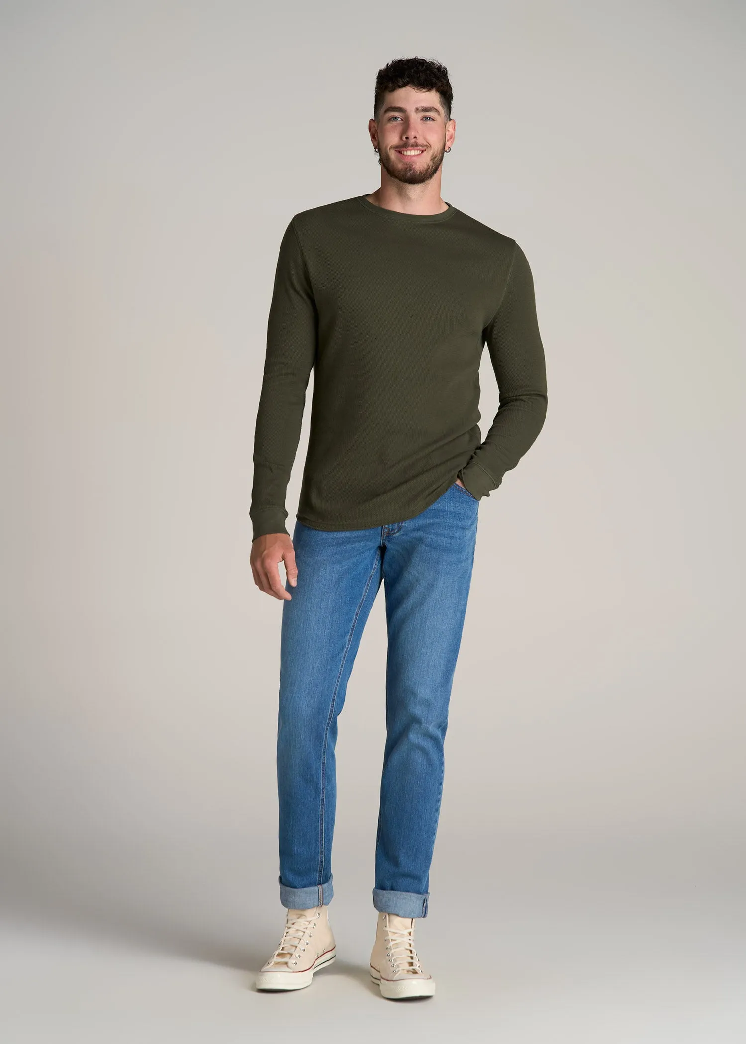 Double Honeycomb Thermal Crewneck for Tall Men in Dark Olive Green