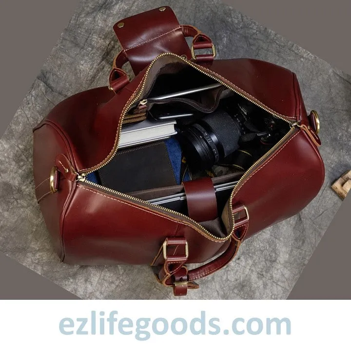 Elegant Polished Genuine Leather Duffle Travel Bag 45 cm in Wine Color Tones