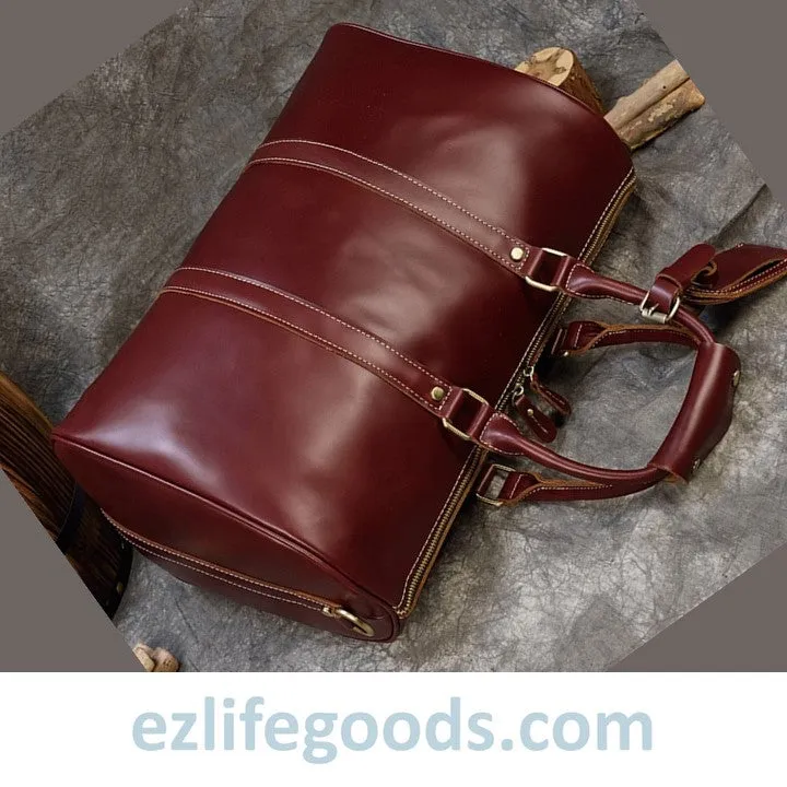 Elegant Polished Genuine Leather Duffle Travel Bag 45 cm in Wine Color Tones
