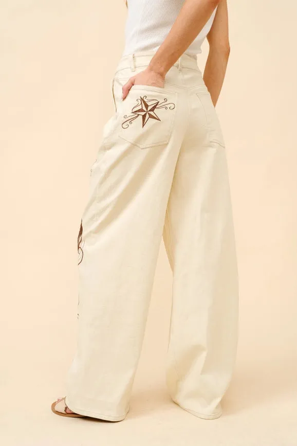 Embroidered Twill Mid Rise Loose Jeans