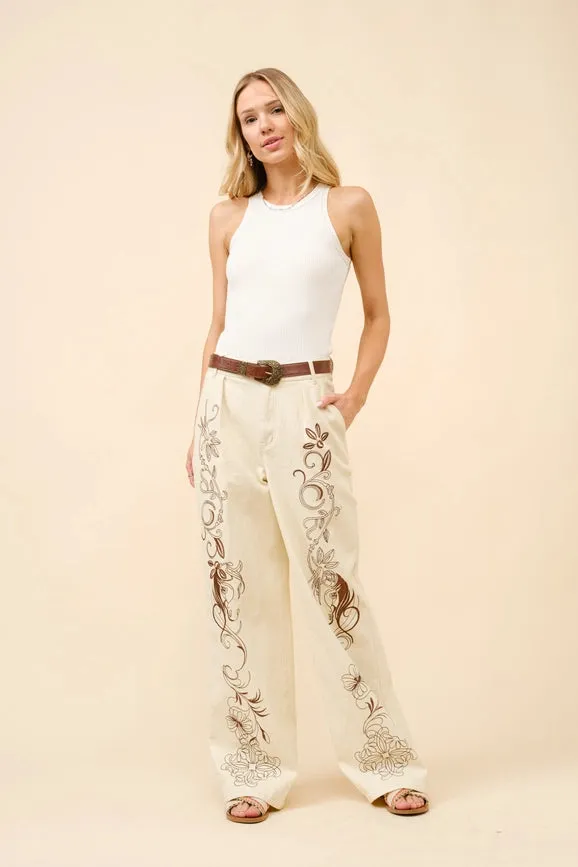 Embroidered Twill Mid Rise Loose Jeans