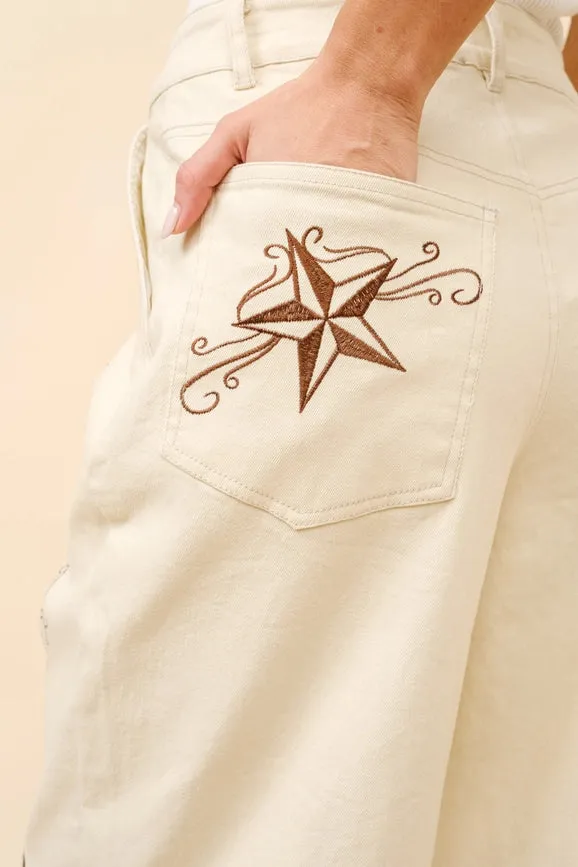 Embroidered Twill Mid Rise Loose Jeans