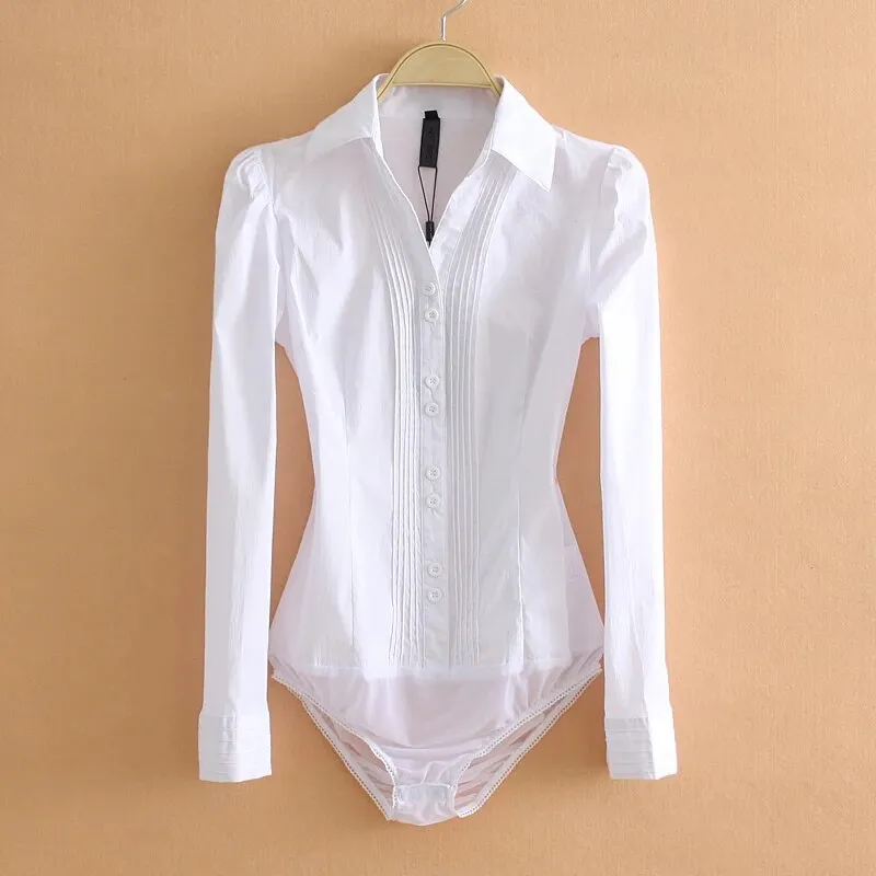 Fashion Bodysuit Long Sleeve Women Office Lady Work White Tops Slim Clothes