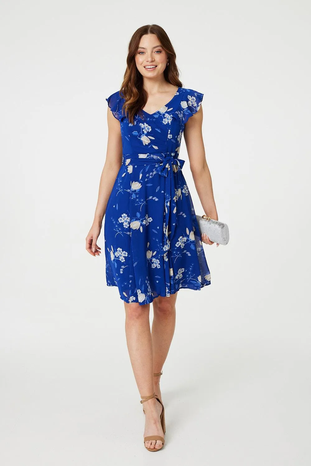 Floral Frilled Knee Length Wrap Dress