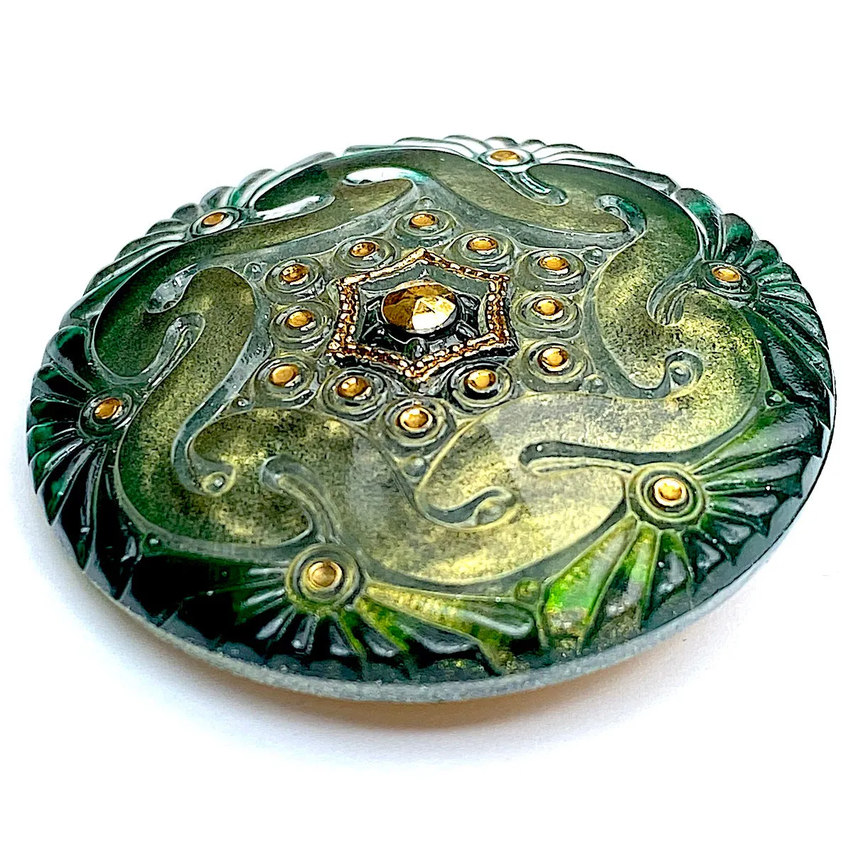 Forest/Gold Czech Glass Button 1-5/8", Handpainted by Susan Clarke  #SC278A