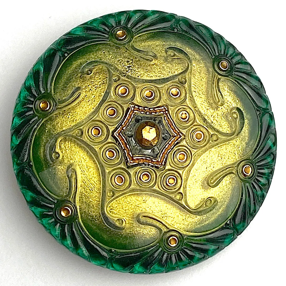 Forest/Gold Czech Glass Button 1-5/8", Handpainted by Susan Clarke  #SC278A