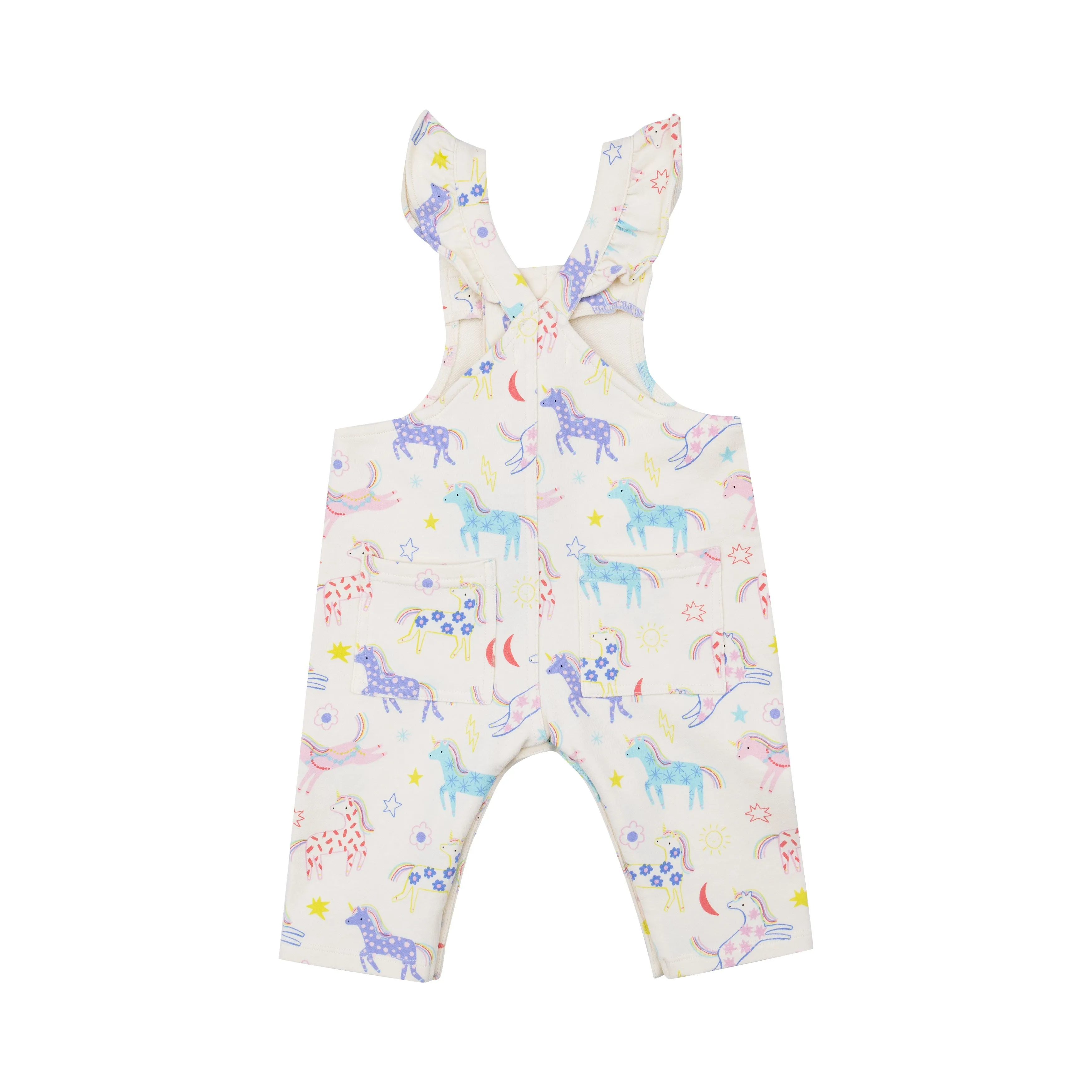 Front Pocket Ruffle Overall - Fun Unicorns