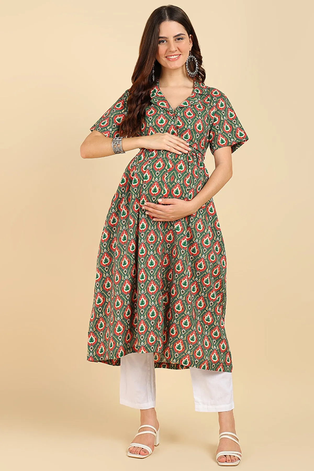 Green All Over Printed Zipless Feeding Kurti