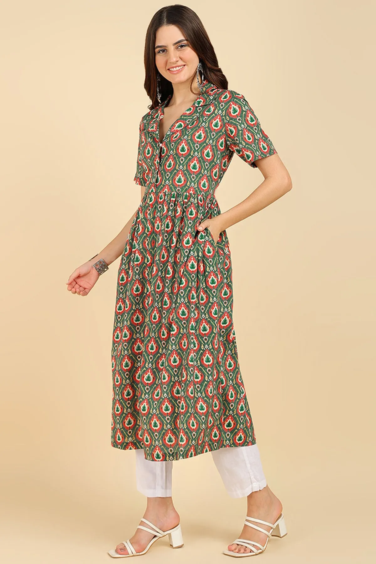 Green All Over Printed Zipless Feeding Kurti