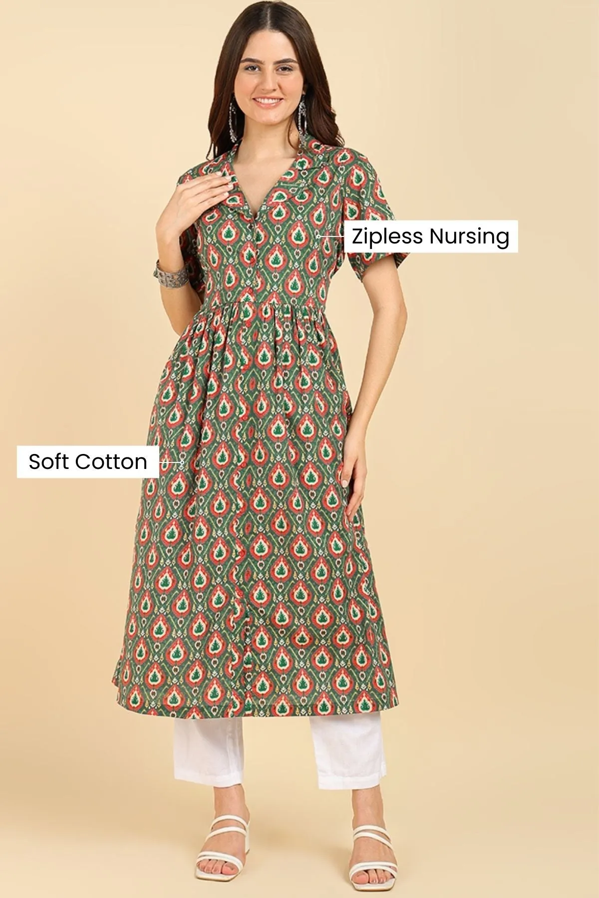 Green All Over Printed Zipless Feeding Kurti