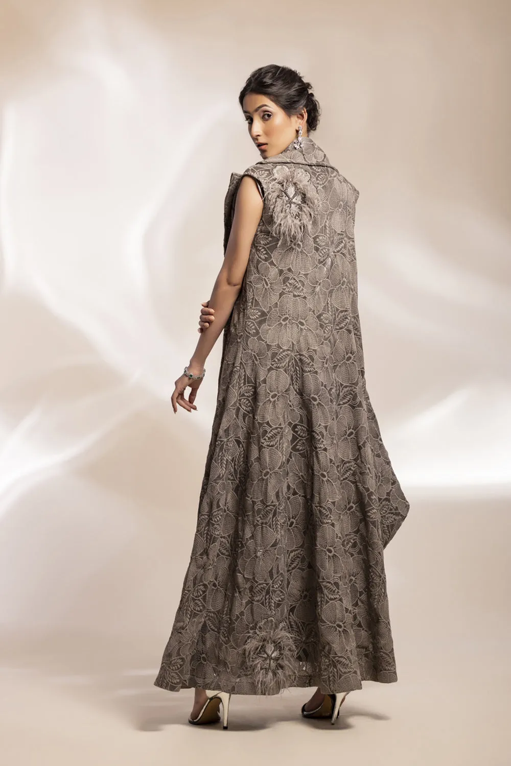 Grey Lace Scuba Coat With Fuchia Motif With Two-Tone Mettalic Shimmer Drape