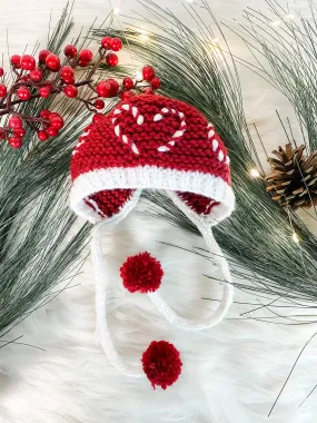 Hand-Knit Candy Cane Baby Bonnet, Red and White Christmas Bonnet Hat, Photography Prop, Holiday Family Photo Prop