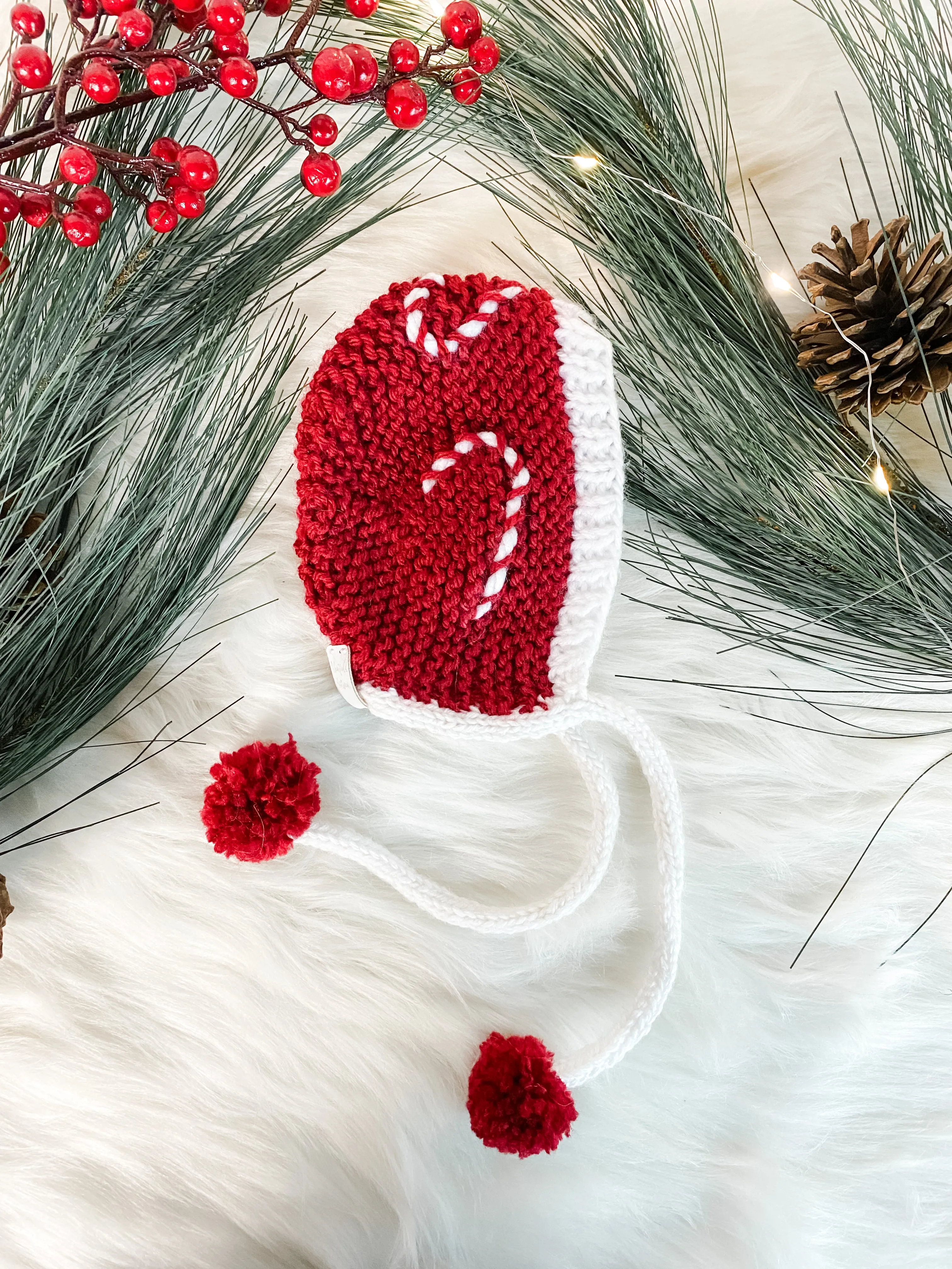 Hand-Knit Candy Cane Baby Bonnet, Red and White Christmas Bonnet Hat, Photography Prop, Holiday Family Photo Prop