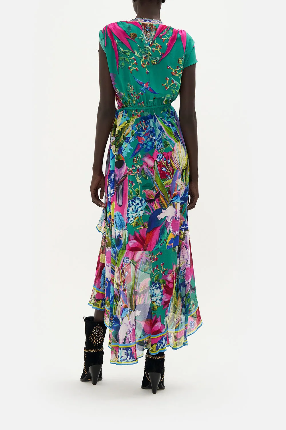 HIGH LOW RUFFLE WRAP DRESS RUN FROM PARADISE