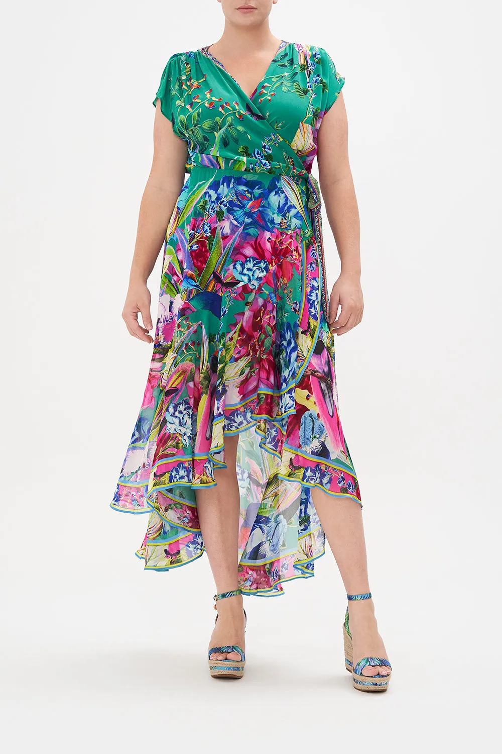 HIGH LOW RUFFLE WRAP DRESS RUN FROM PARADISE