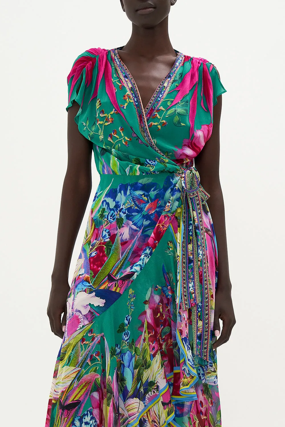 HIGH LOW RUFFLE WRAP DRESS RUN FROM PARADISE