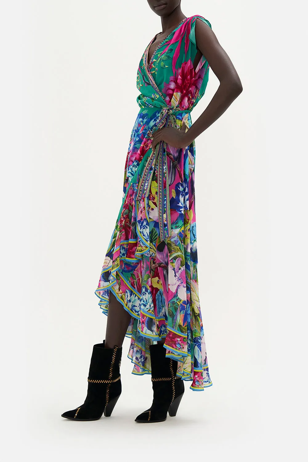 HIGH LOW RUFFLE WRAP DRESS RUN FROM PARADISE