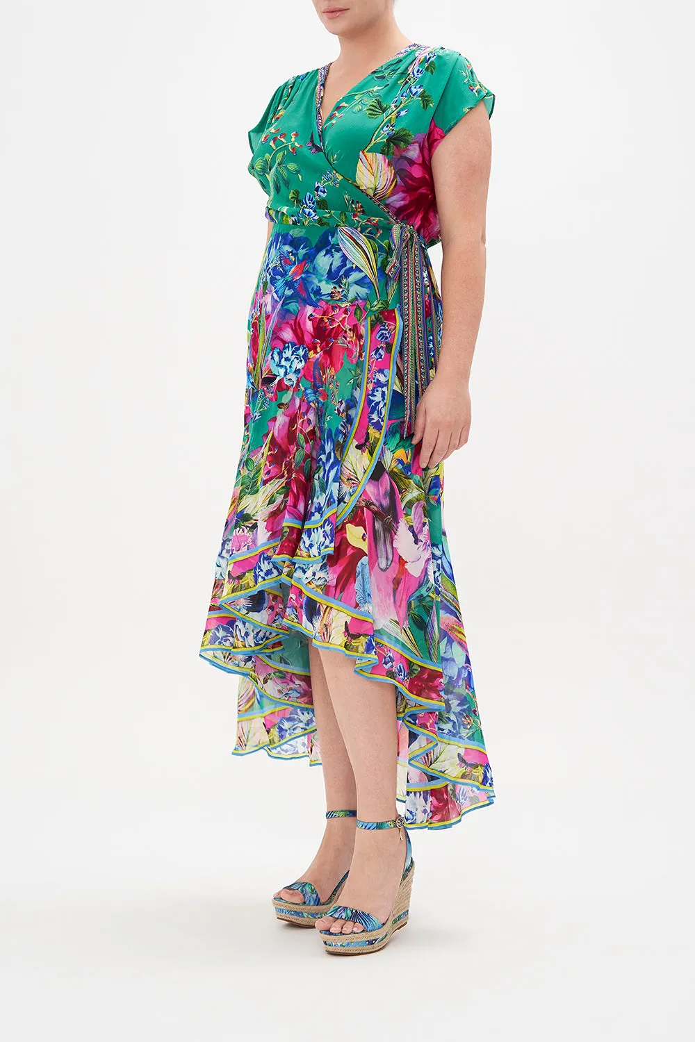 HIGH LOW RUFFLE WRAP DRESS RUN FROM PARADISE