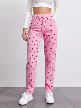 High Waist Heart Print Straight Leg Jeans