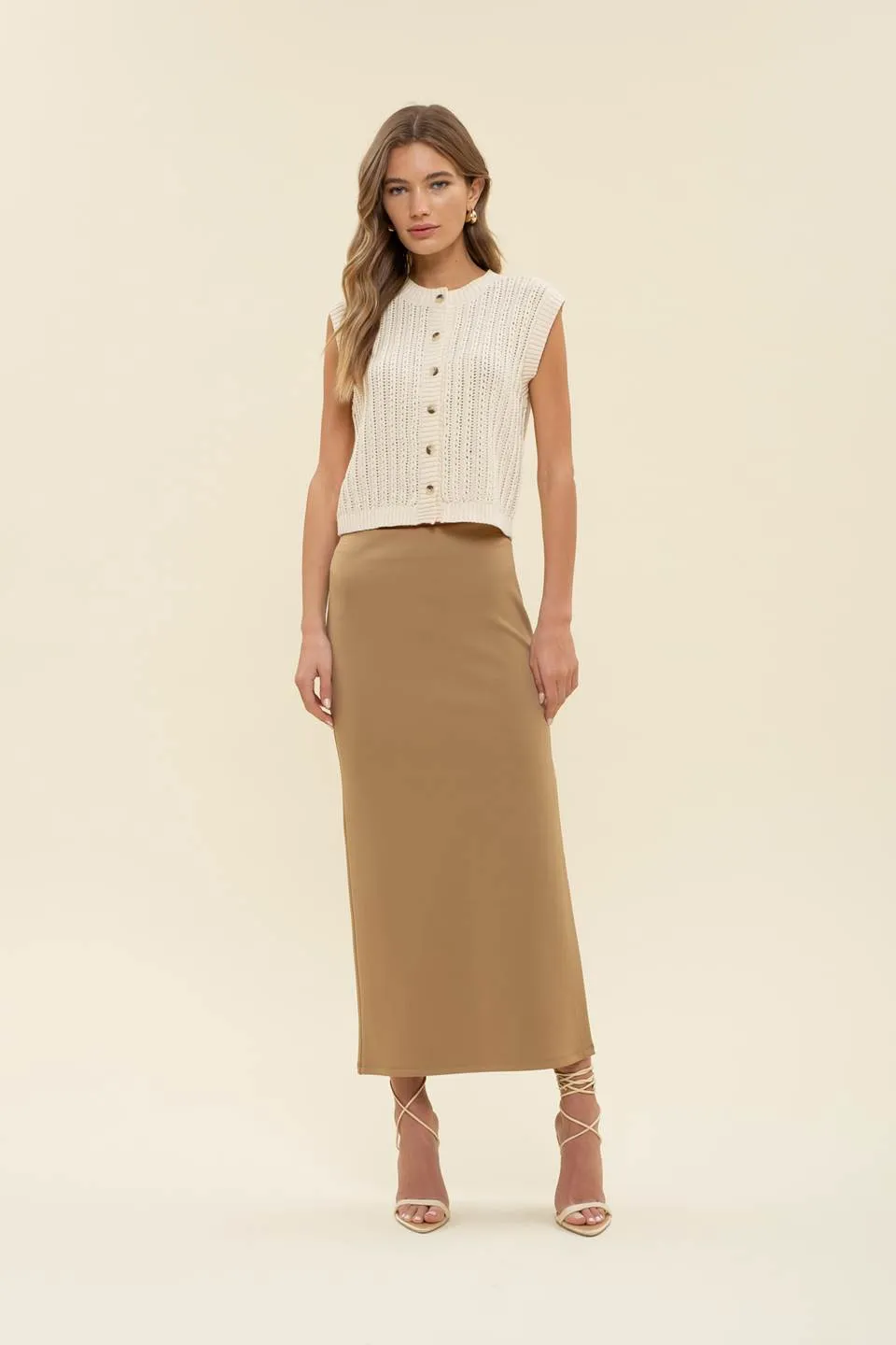 HIGH WAIST SIDE SLIT MIDI PENCIL SKIRT