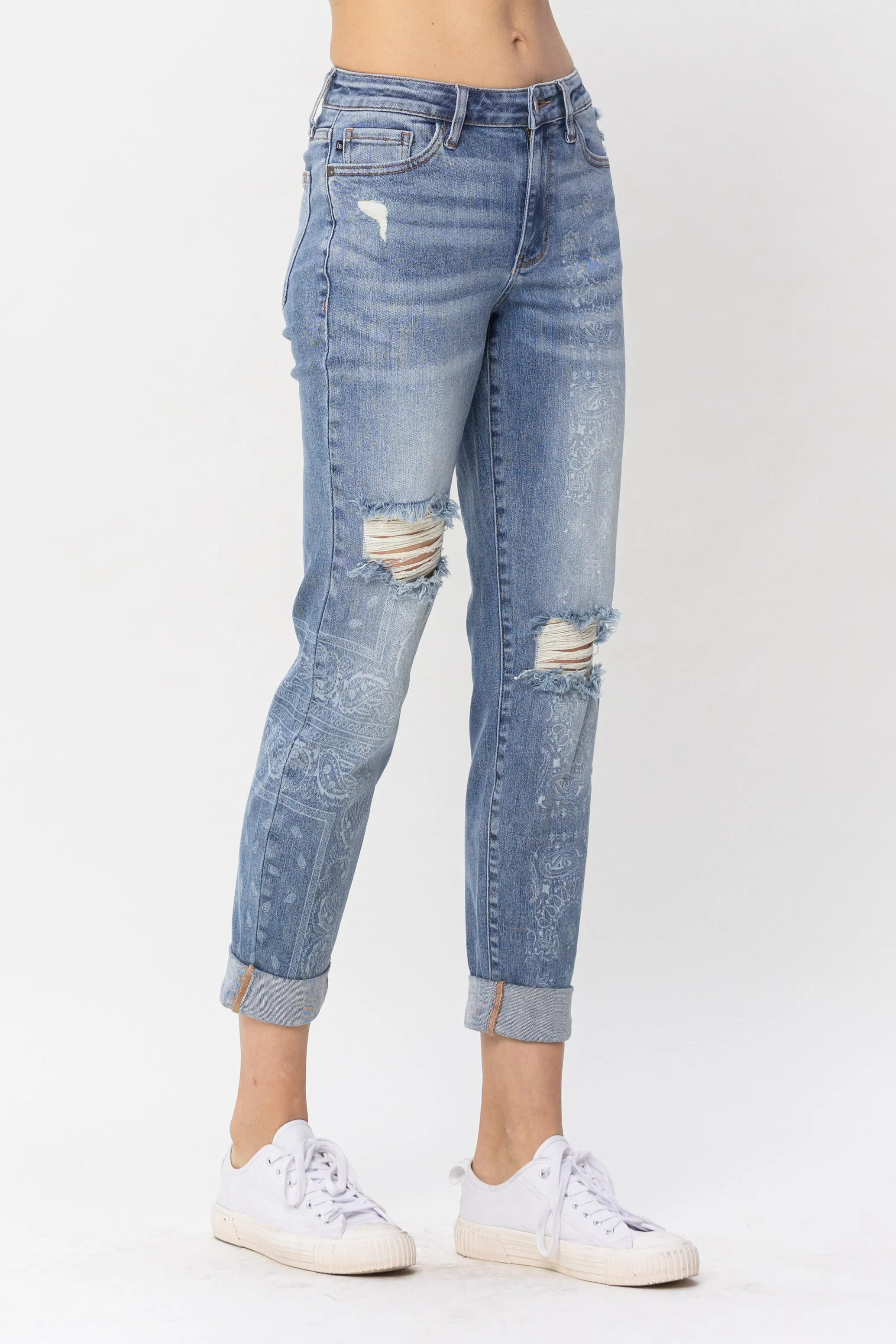 JB CURVY DESTROY & PAISLEY PRINT BF JEANS