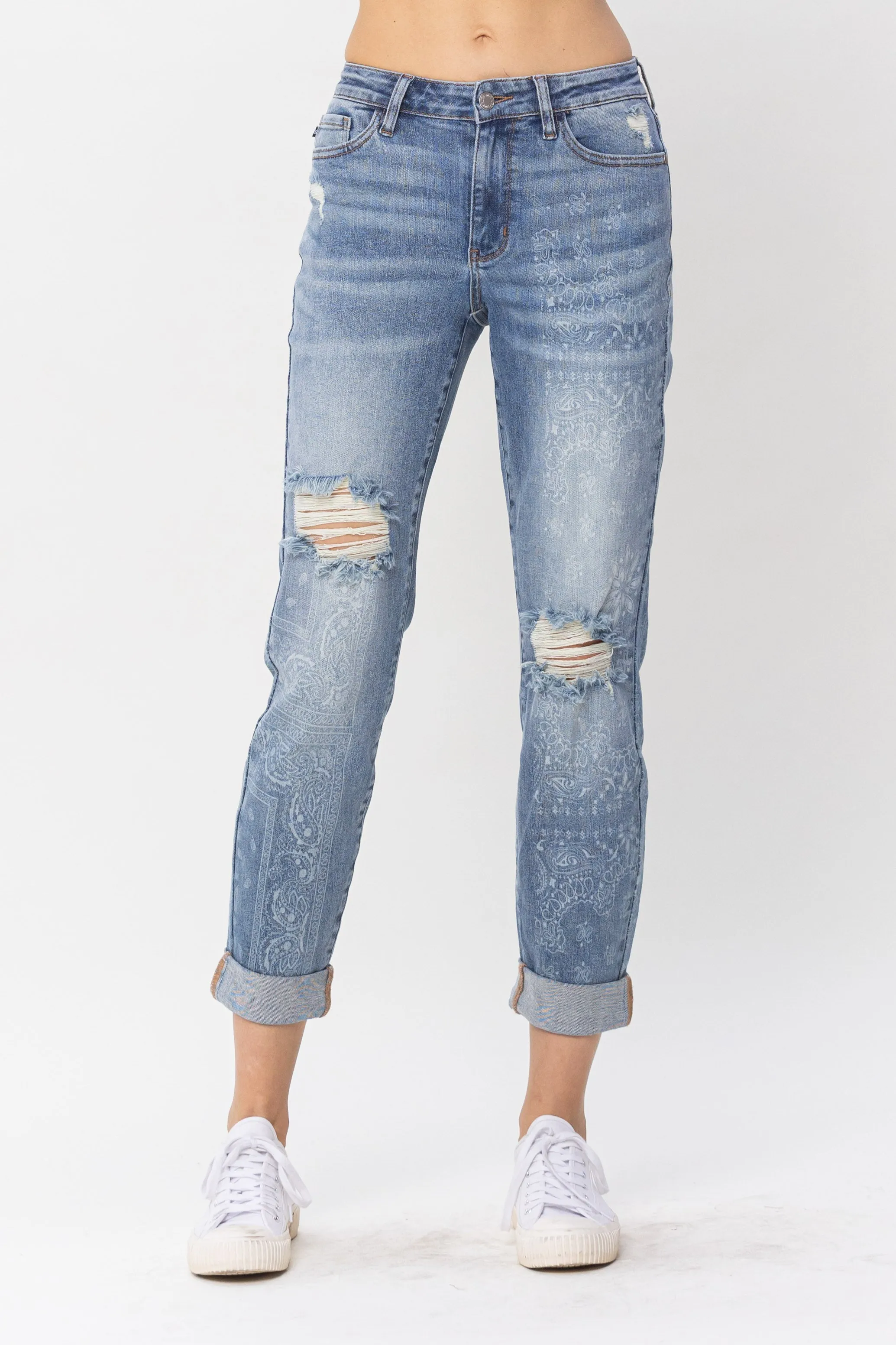 JB CURVY DESTROY & PAISLEY PRINT BF JEANS