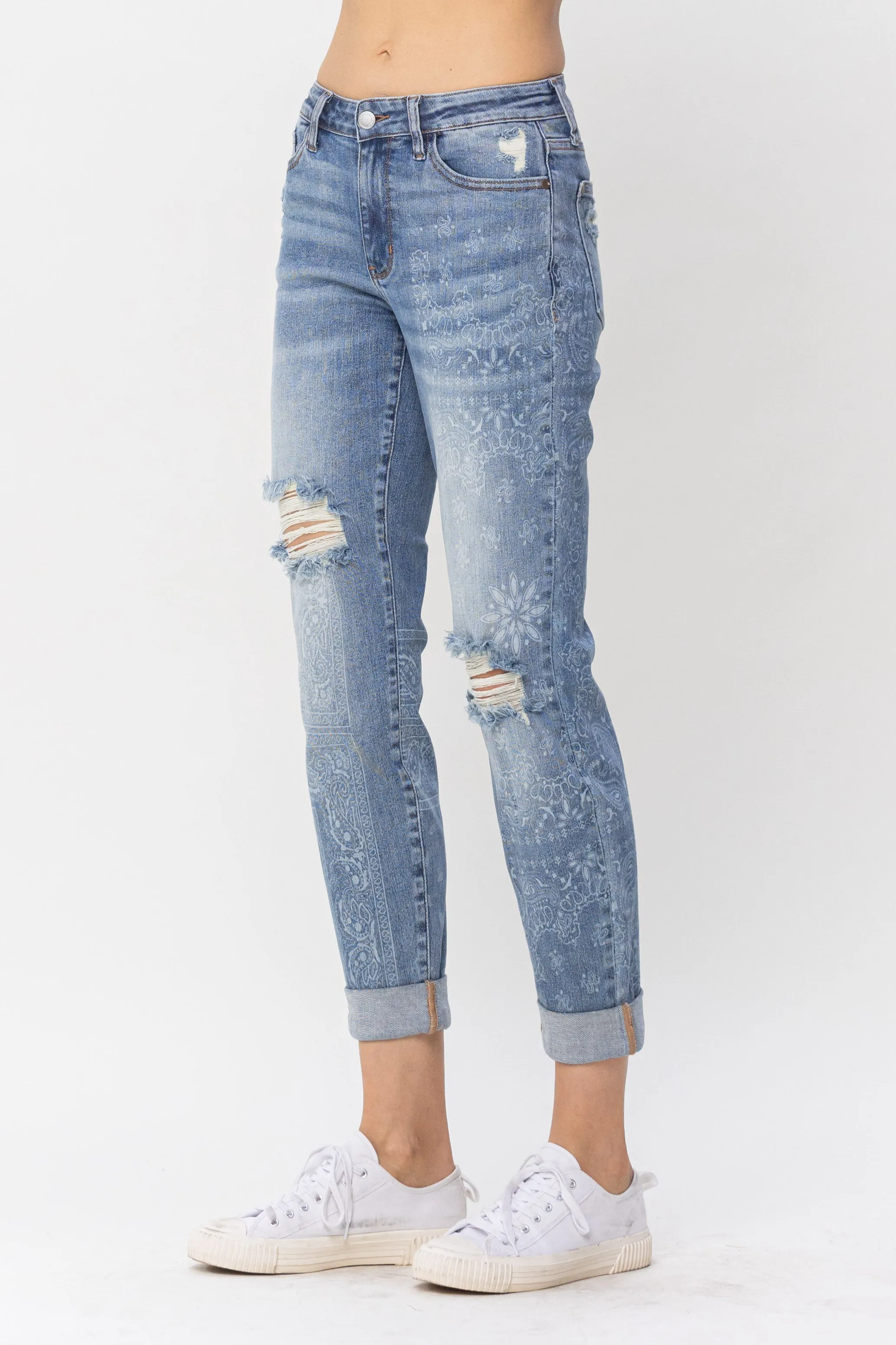 JB CURVY DESTROY & PAISLEY PRINT BF JEANS