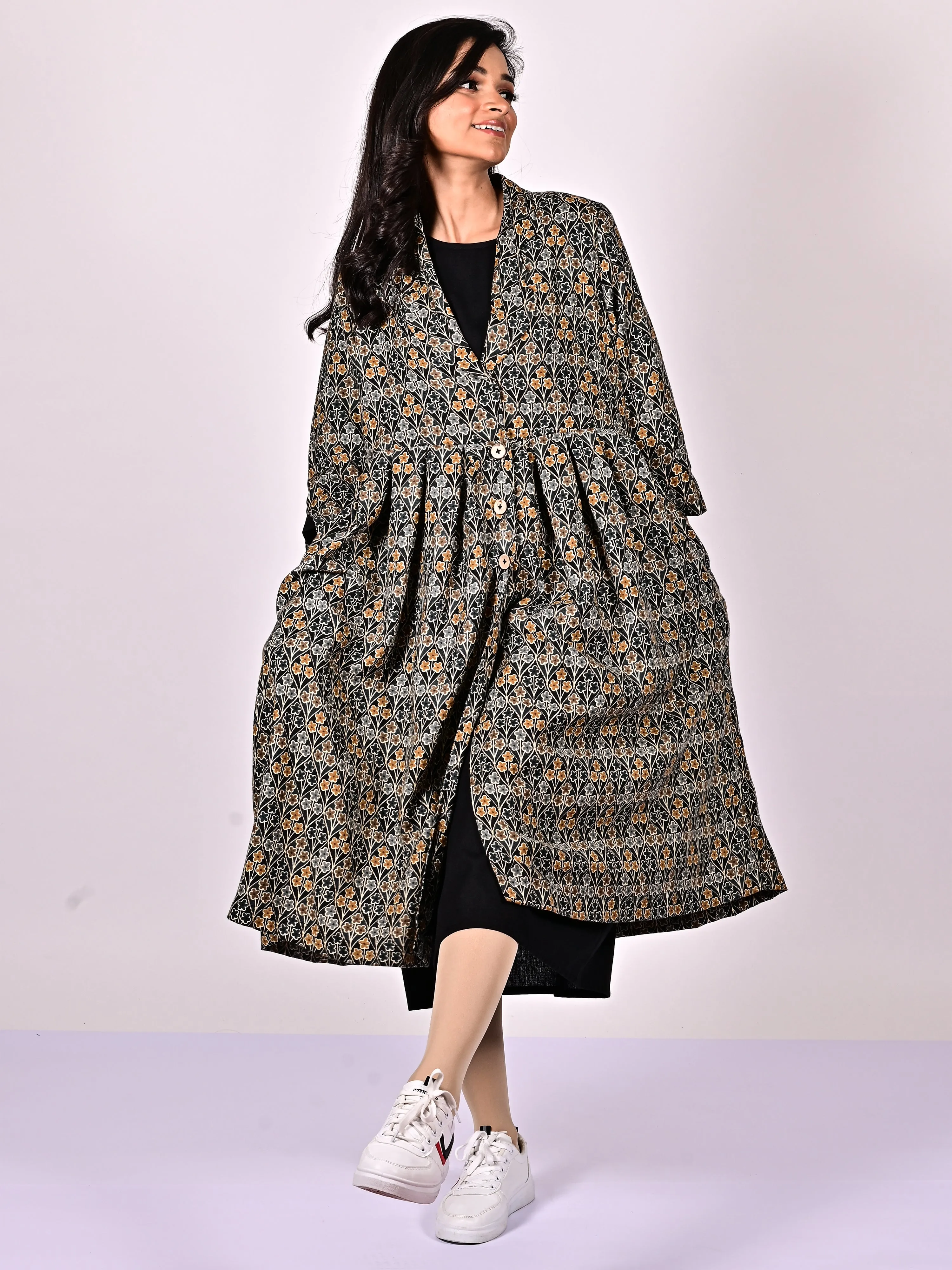 KALI Cotton Block Printed Long Jacket with Cotswool Lining