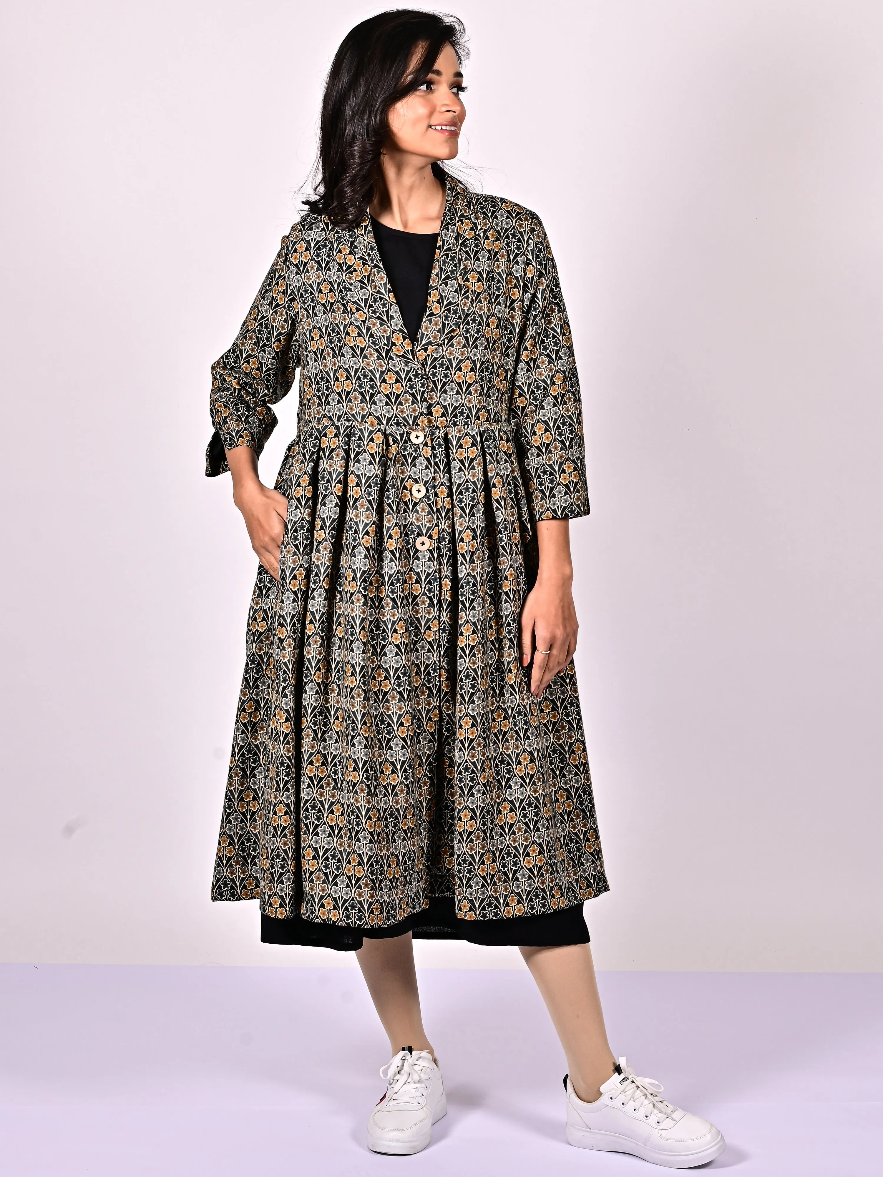 KALI Cotton Block Printed Long Jacket with Cotswool Lining