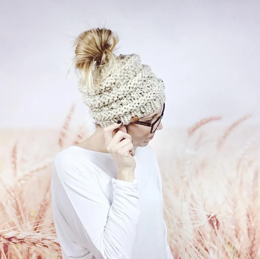 Knitted Hipster Messy Bun Ponytail Beanie Hat for Women in Oatmeal