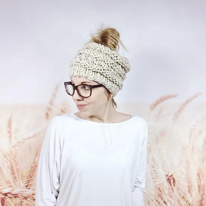 Knitted Hipster Messy Bun Ponytail Beanie Hat for Women in Oatmeal