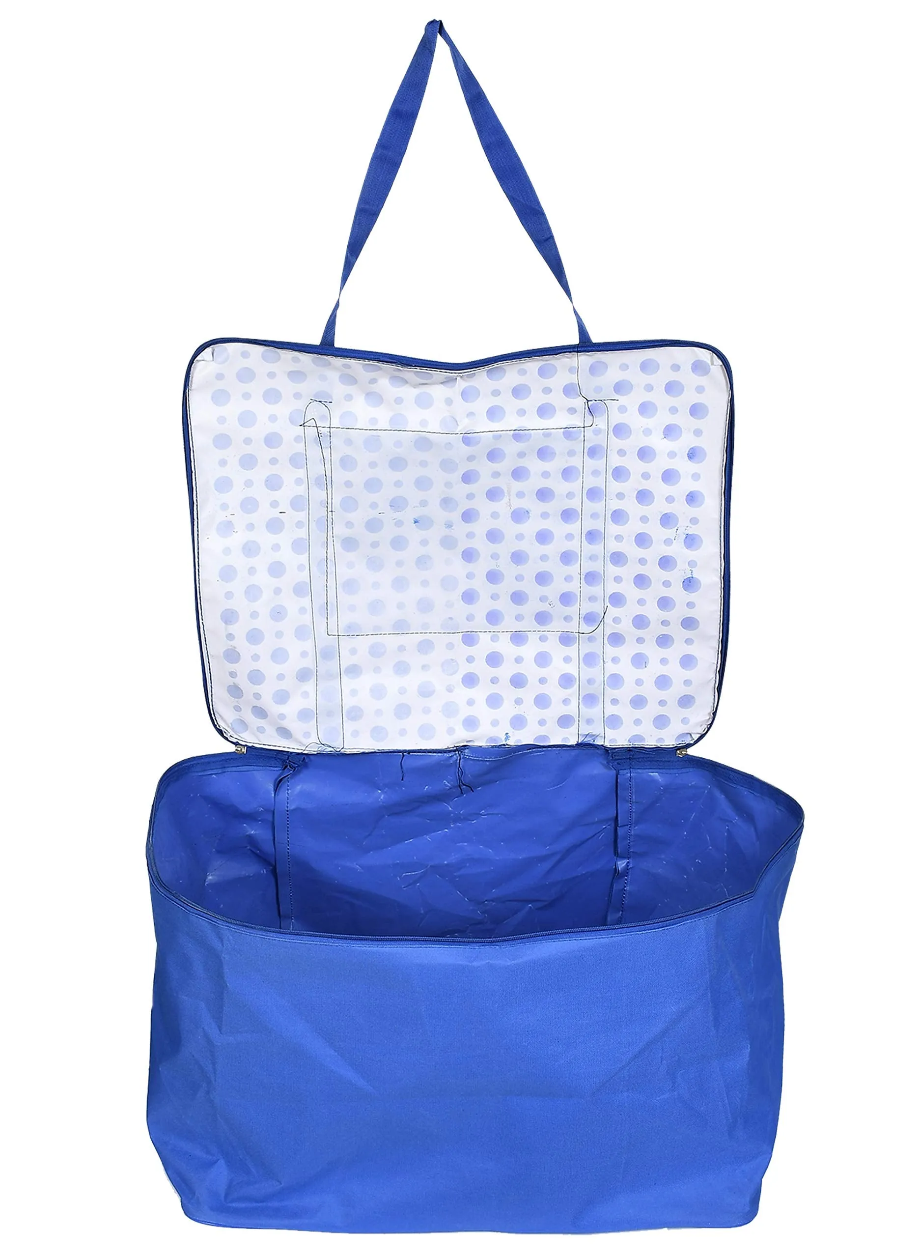 Kuber Industries Dot Printed Large Size Lightweight Foldable Rexine Jumbo Underbed Storage Bag with Zipper and Handle (Blue & White)