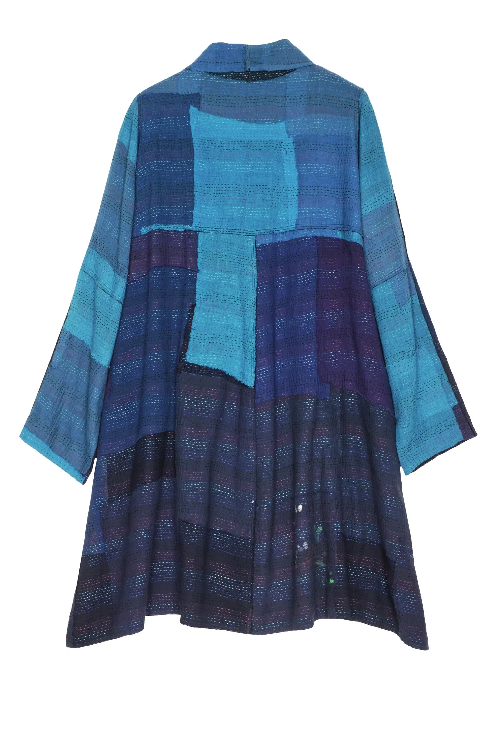 LANDSCAPE FRAYED PATCH KANTHA A-LINE DUSTER - lf2311-blu -