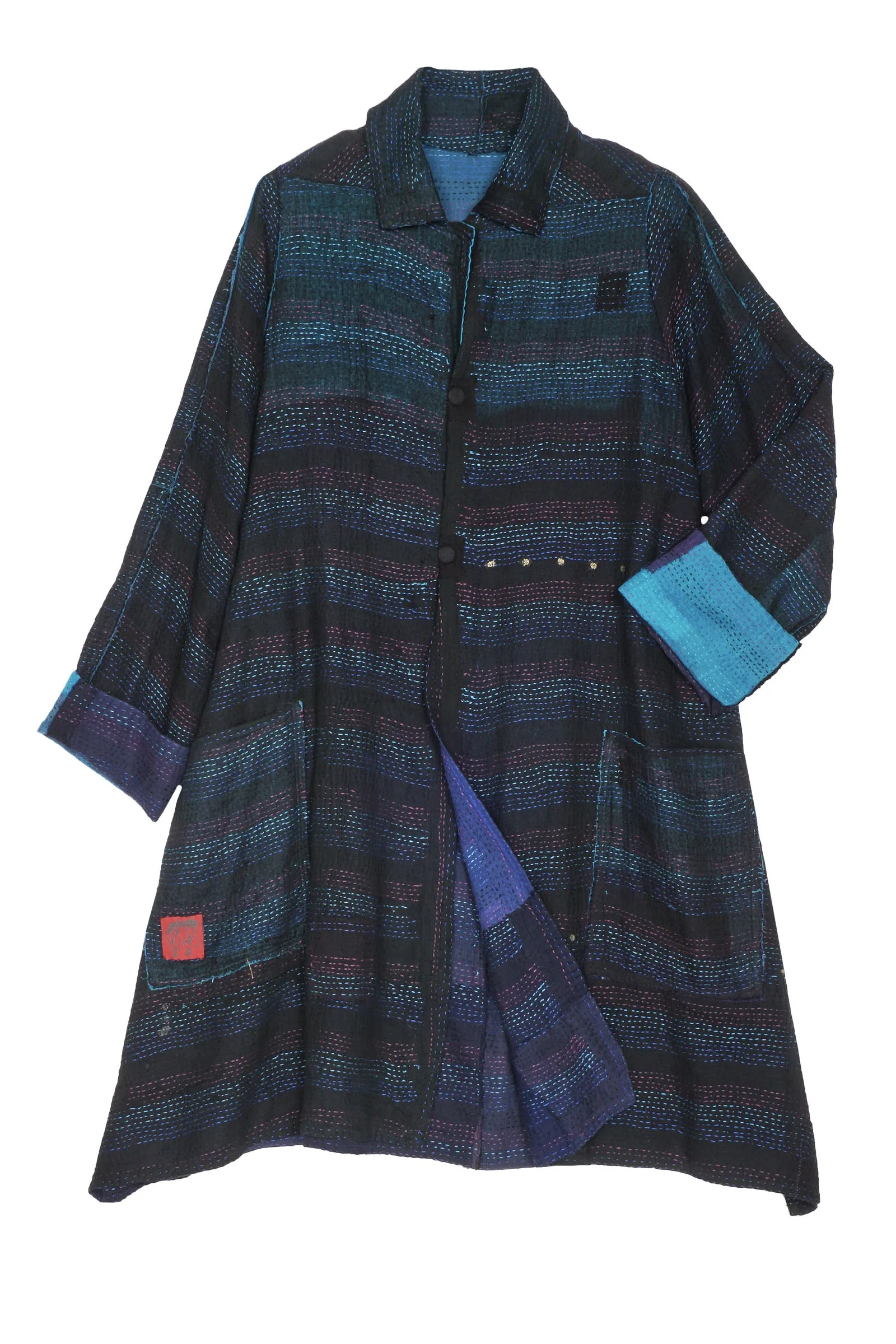 LANDSCAPE FRAYED PATCH KANTHA A-LINE DUSTER - lf2311-blu -