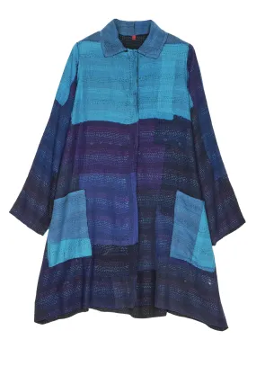 LANDSCAPE FRAYED PATCH KANTHA A-LINE DUSTER - lf2311-blu -