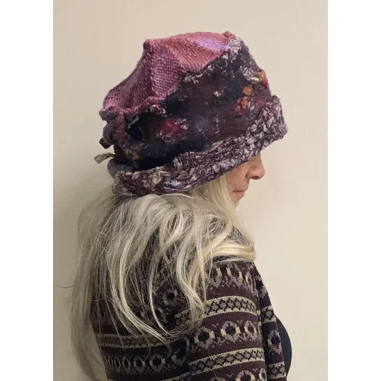 Large Rainbow hand-felt and knit free formed hand stitched winter warm hat. Loads of texture and color