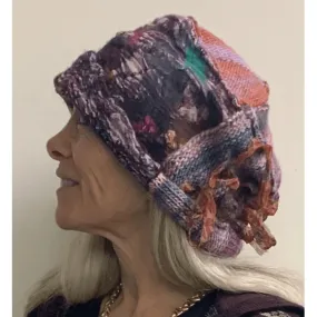 Large Rainbow hand-felt and knit free formed hand stitched winter warm hat. Loads of texture and color