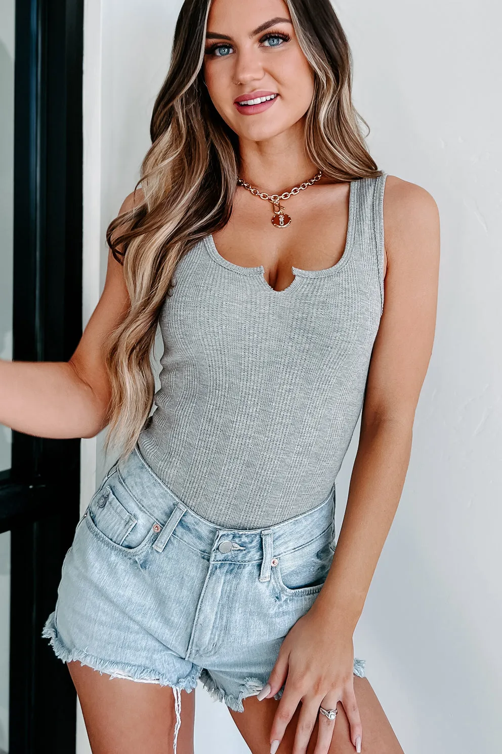 Let's Catch Up Waffle Knit Tank Bodysuit (Grey)