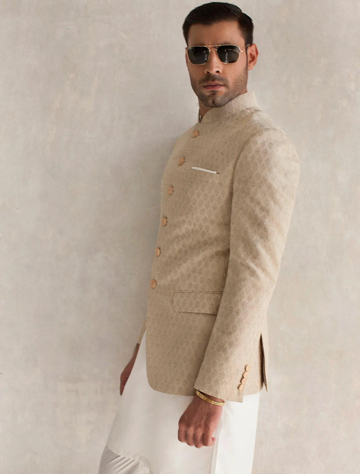 LIGHT BEIGE INTRICATE EMBROIDERD PRINCE COAT