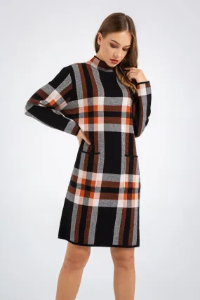 Long Sleeve Turtleneck Plaid Pullover Sweater Dress