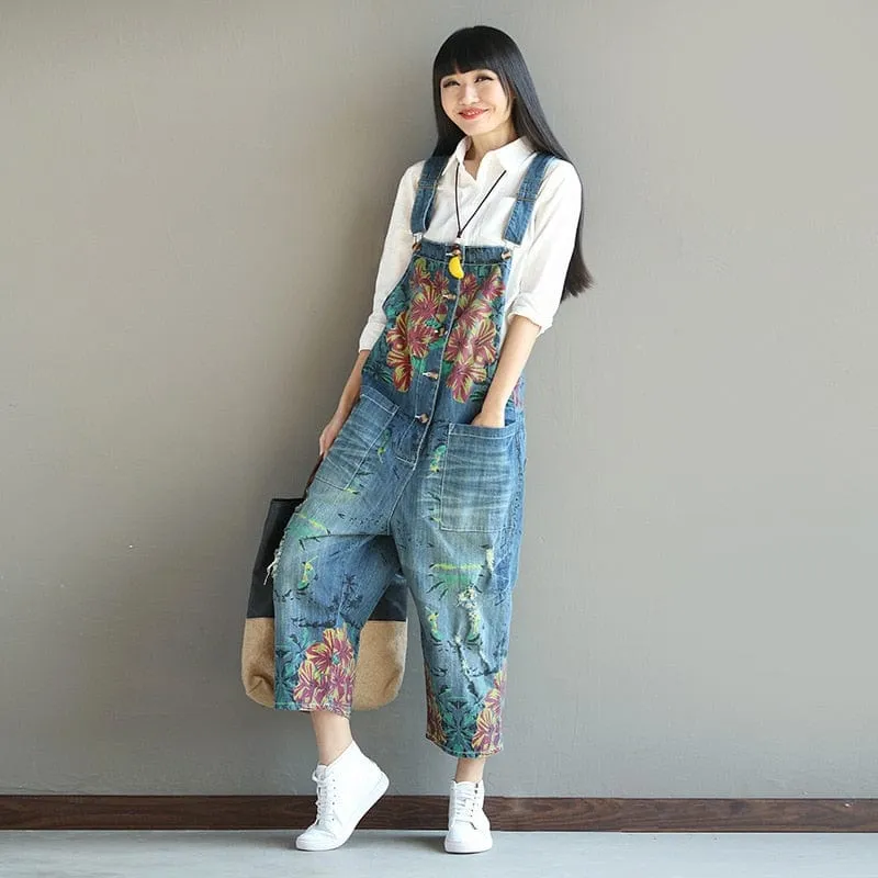 Loose Floral Denim Overall