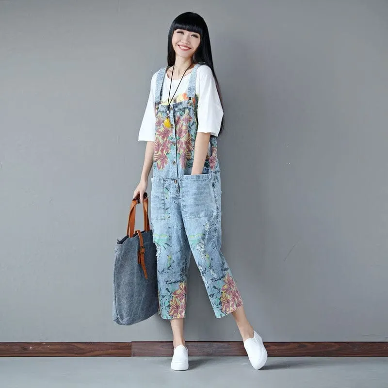 Loose Floral Denim Overall